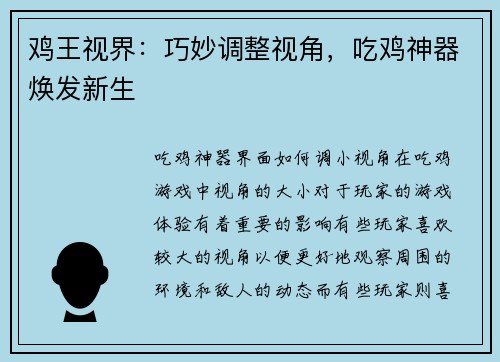 鸡王视界：巧妙调整视角，吃鸡神器焕发新生